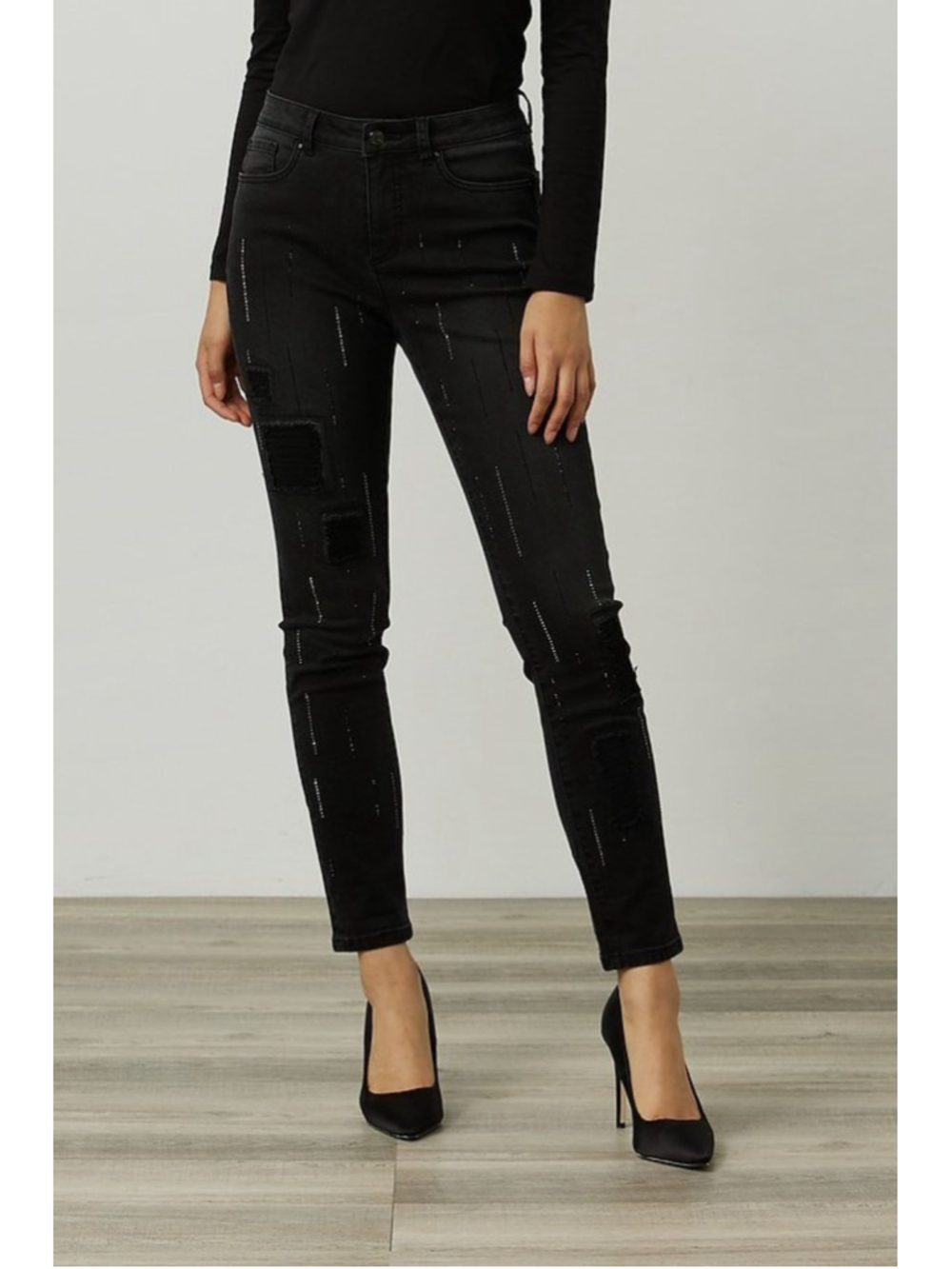 Joseph Ribkoff Womens Straight Leg Black Jeans Sz 8 Rhinestones Distressed
